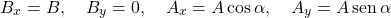 \[B_x = B,\quad B_y = 0,\quad A_x = A\cos\alpha,\quad A_y = A\,\text{sen}\,\alpha\]