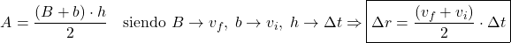 \[A = \frac{(B+b) \cdot h}{2} \quad \text{siendo } B \to v_f,\; b \to v_i,\; h \to \Delta t \Rightarrow \boxed{\Delta r = \frac{(v_f + v_i)}{2} \cdot \Delta t} \]