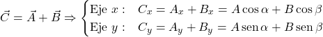 \[\vec{C} = \vec{A} + \vec{B} \Rightarrow \begin{cases} \text{Eje } x: & C_x = A_x + B_x = A\cos\alpha + B\cos\beta \\ \text{Eje } y: & C_y = A_y + B_y = A\,\text{sen}\,\alpha + B\,\text{sen}\,\beta \end{cases}\]